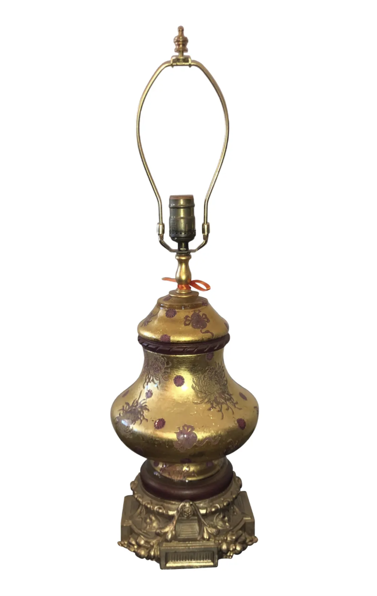 Vintage Eglomese French Art Glass & Gilt Bronze Table Lamp