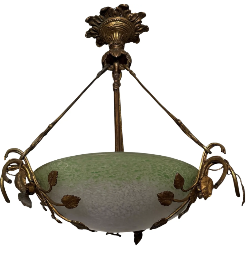 Antique Art Nouveau Muller Frères Glass & Gilt Bronze Pendant Chandelier