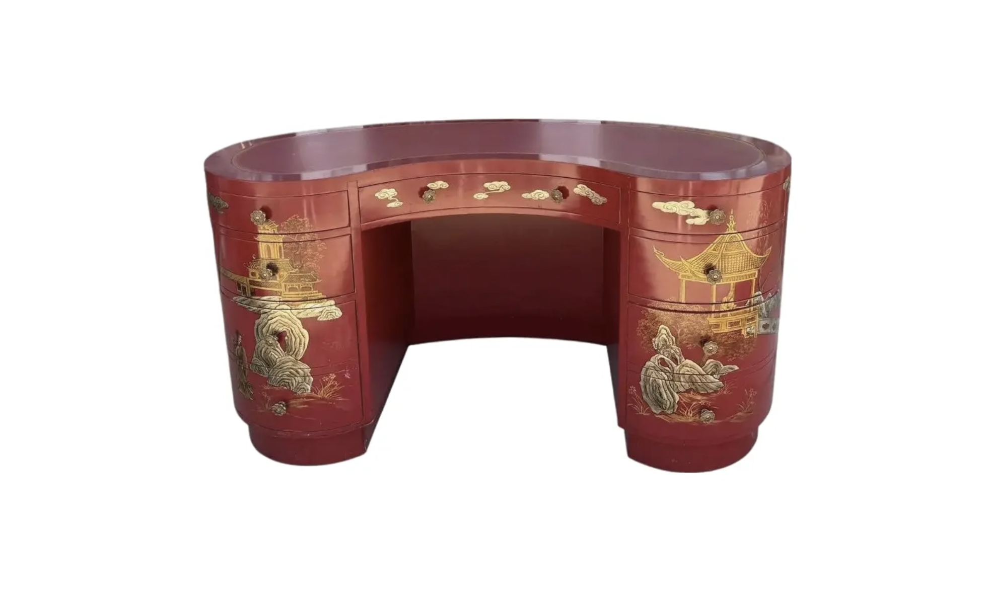 Vintage Red & Gold Chinoiserie Kidney Shaped Vanity or Desk