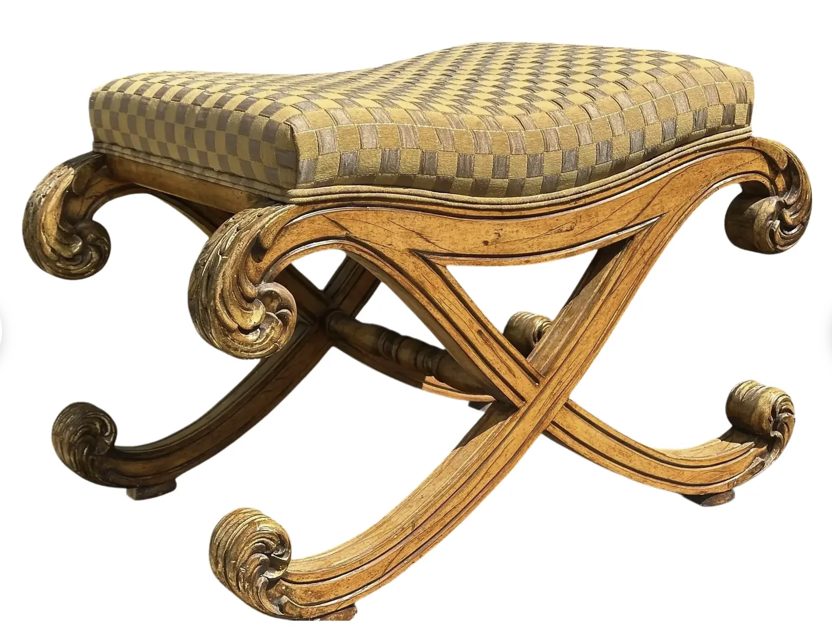 18th C Style Carved Italian Walnut X Bench Ottoman Stool