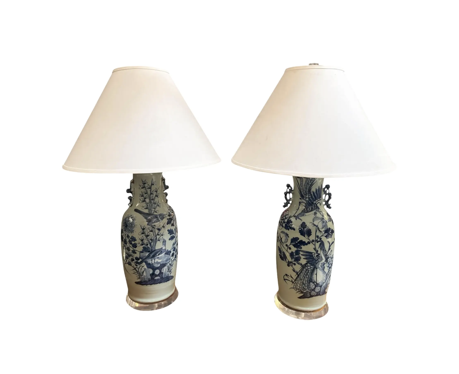Pair of Antique Chinese Celadon Blue & White Pottery Vases Now Designer Lamps