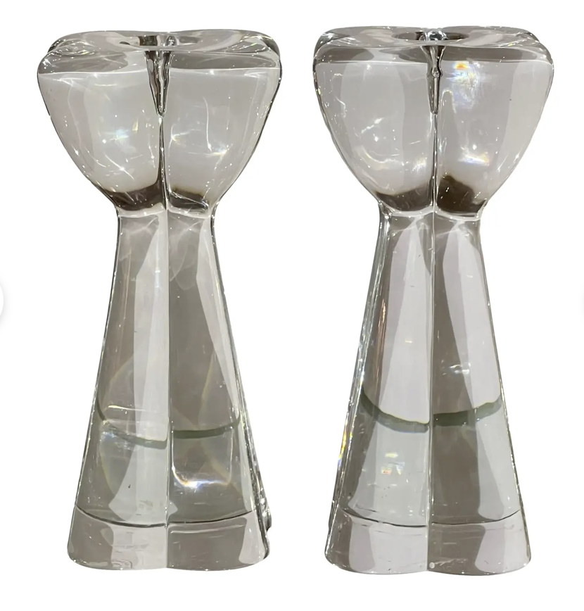 Signed Art Deco Baccarat French Crystal Candlesticks - a Pair