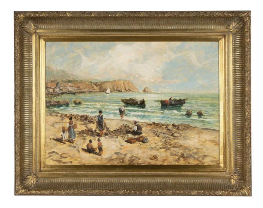 Vintage Spaggia Grande Beach Scene Italian Seascape Oil Painting in Giltwood Frame