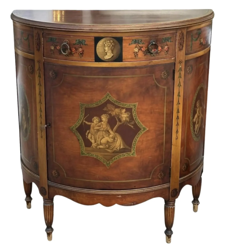 Antique Hand Painted Demilune Cabinet W Cherubs