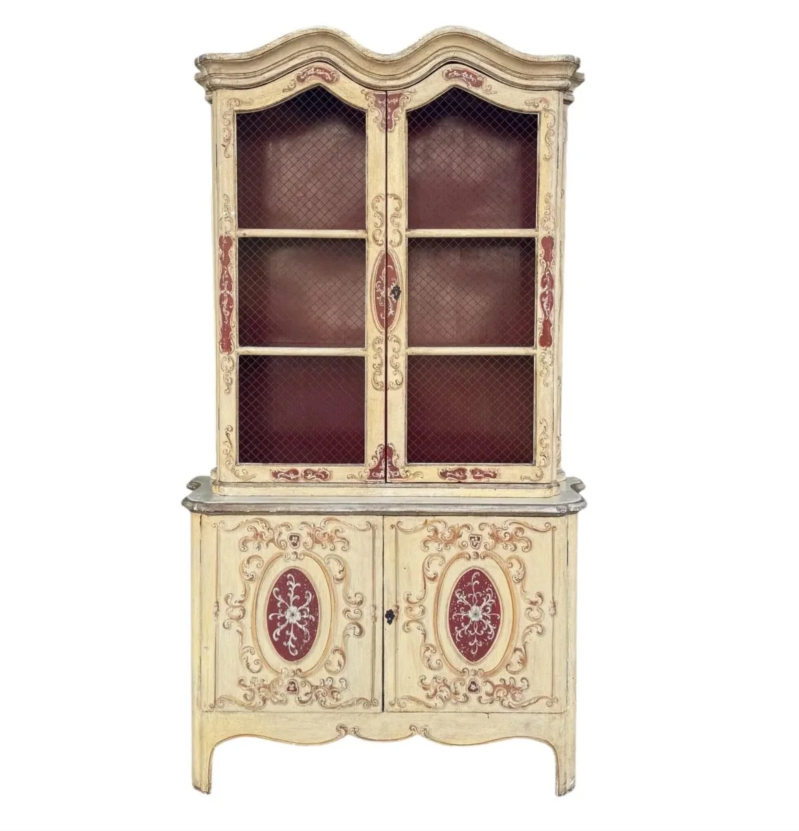 Antique French Red & Ivory Paint Decorated Wire Front Display Cabinet
