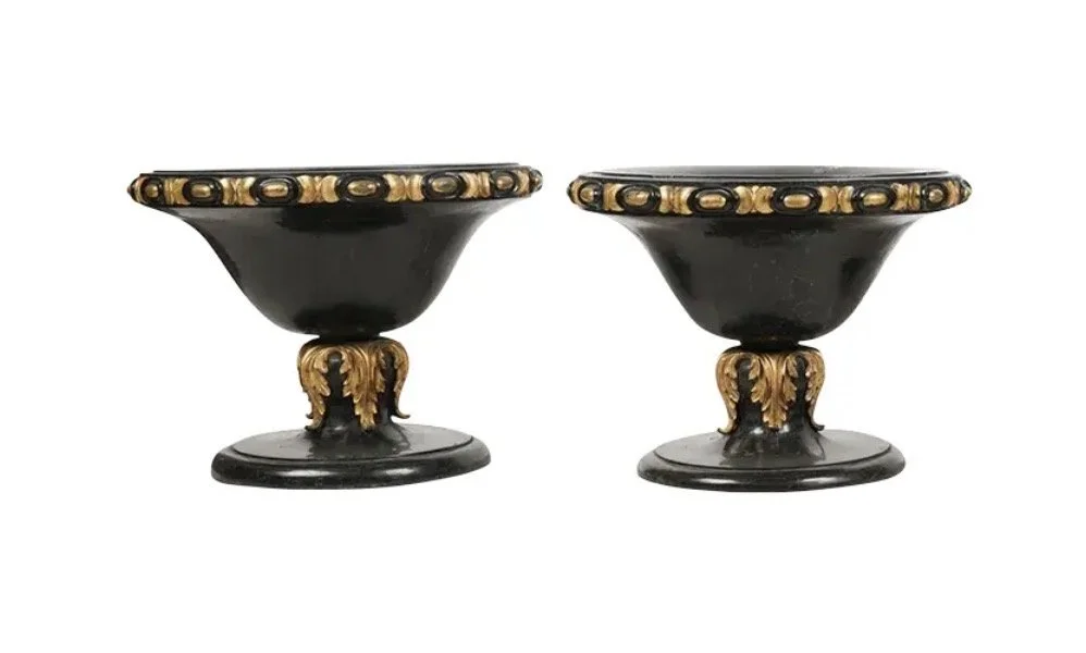 Pair of Neoclassical Black Marble & Giltwood Footed Planters