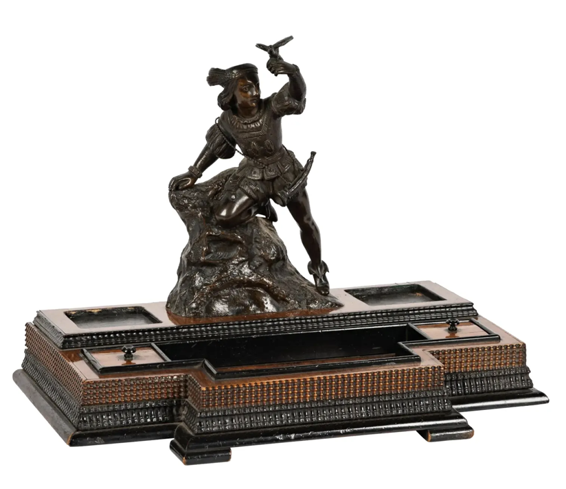 Antique Flemish Bronze & Ebony Sculpture Ink Stand