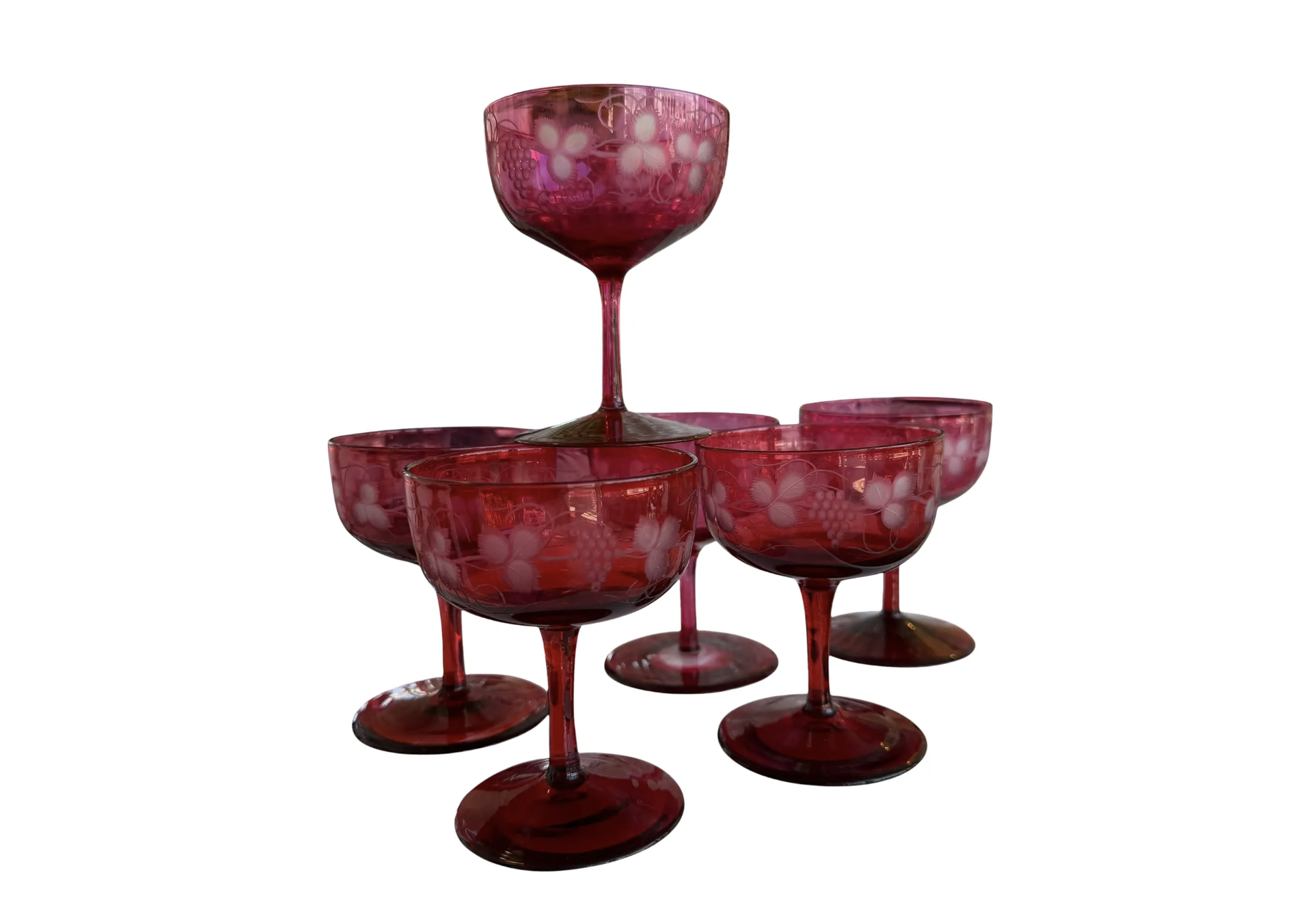 Set of 6 Antique Baccarat Red to Clear Crystal Champagne Stems