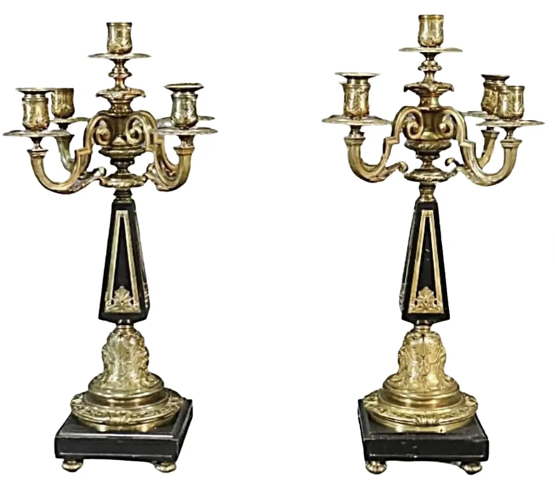 Pair of Antique Louis Empire Style Gilt Bronze & Marble Candelabra