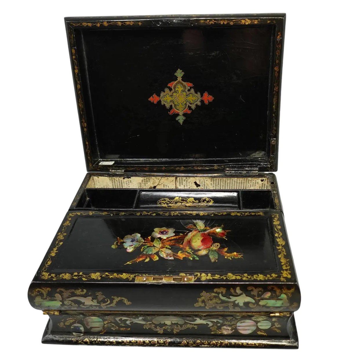 Antique Chinoiserie Mother of Pearl Inlaid Papier Mache Lap Desk Box