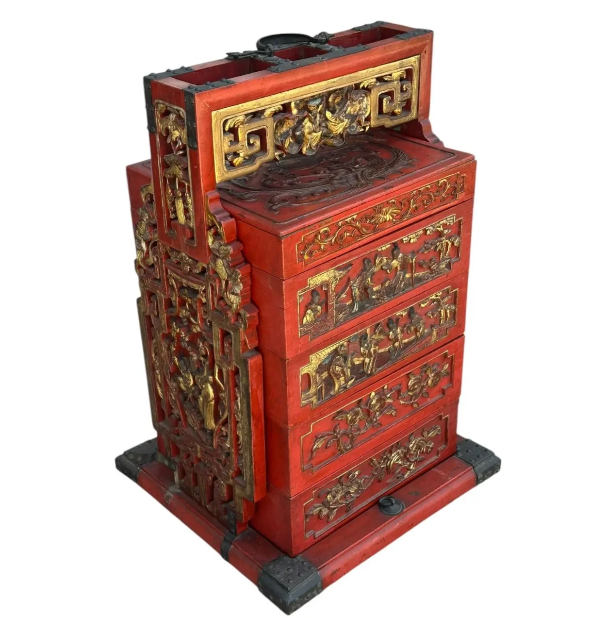 Large Antique Chinese Lacquered & Gilded Food Storage Box