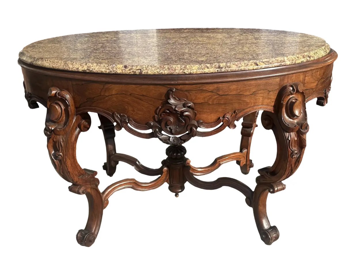 Antique Rosewood Rococo Marble Top Center Table