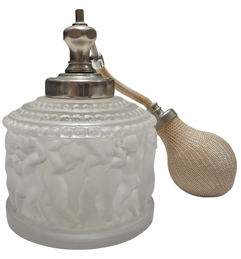 Vintage Signed Lalique French Crystal Perfume Atomizer - Bacchus Putti Cherubs