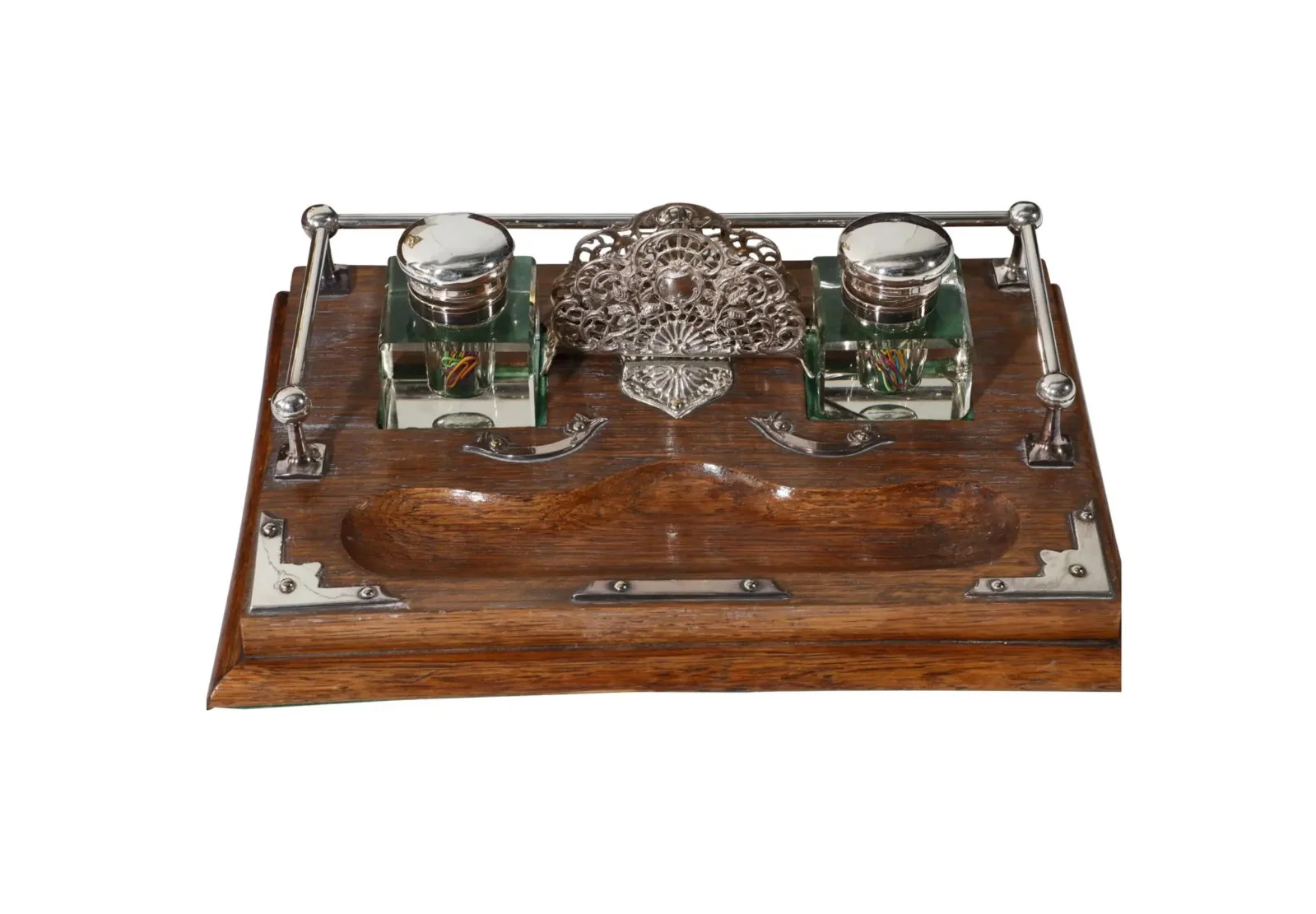 Antique English Regency Silver & Oak Inkwell or Ink Stand