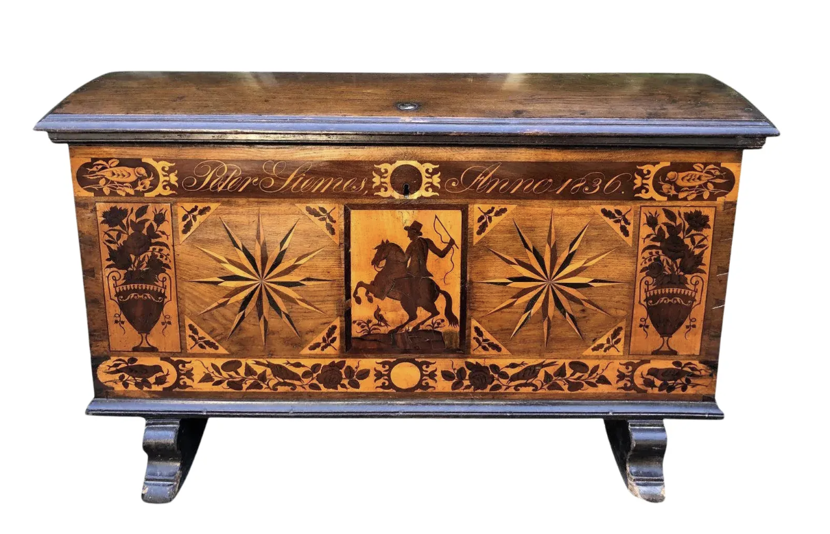 Antique Early 19th C Dutch Marquetry Inlaid Dome Top Marriage Coffer  Chest C.1836