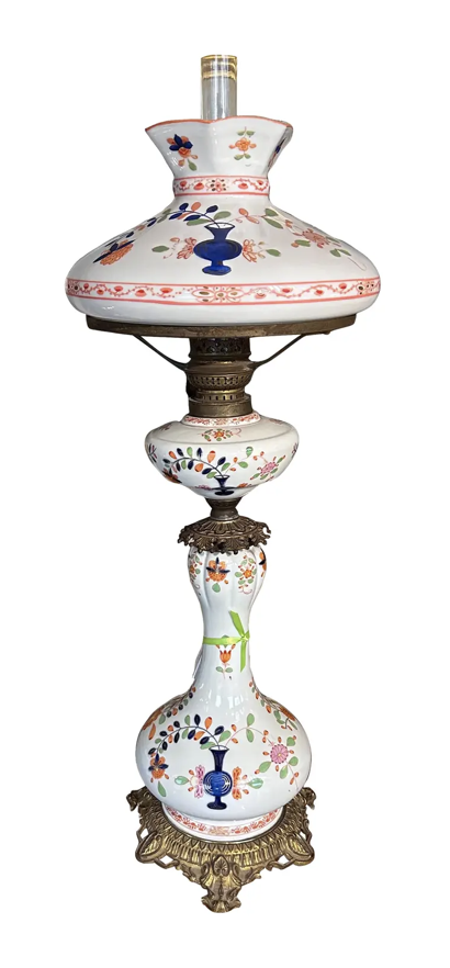 Antique Meissen German Porcelain Oil Lamp W Glass Shade