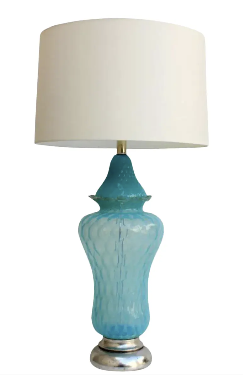 Vintage Hollywood Regency Turquoise Quilted Murano Glass Table Lamp