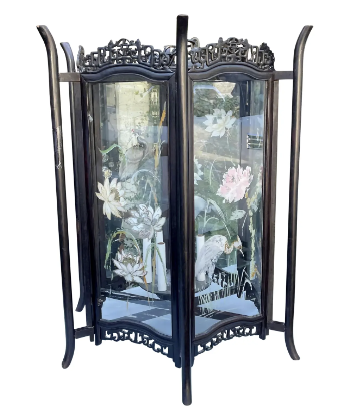Art Deco Japanese Pagoda Painted Glass & Ebonized Wood Lantern Chandelier