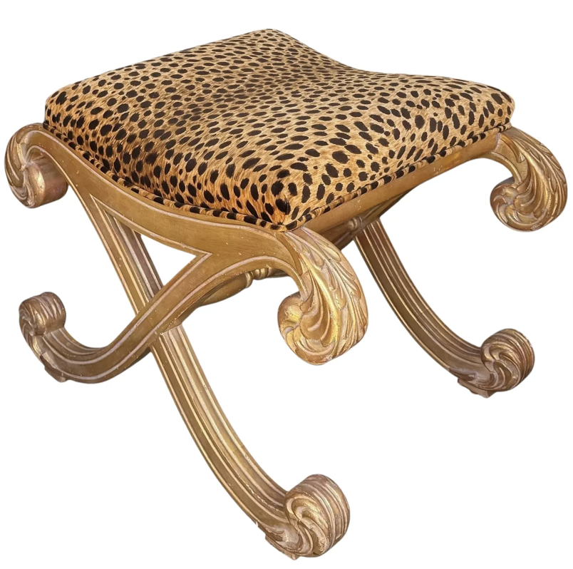 18th C Style Rococo Giltwood & Leopard Velvet X Bench Footstool Ottoman