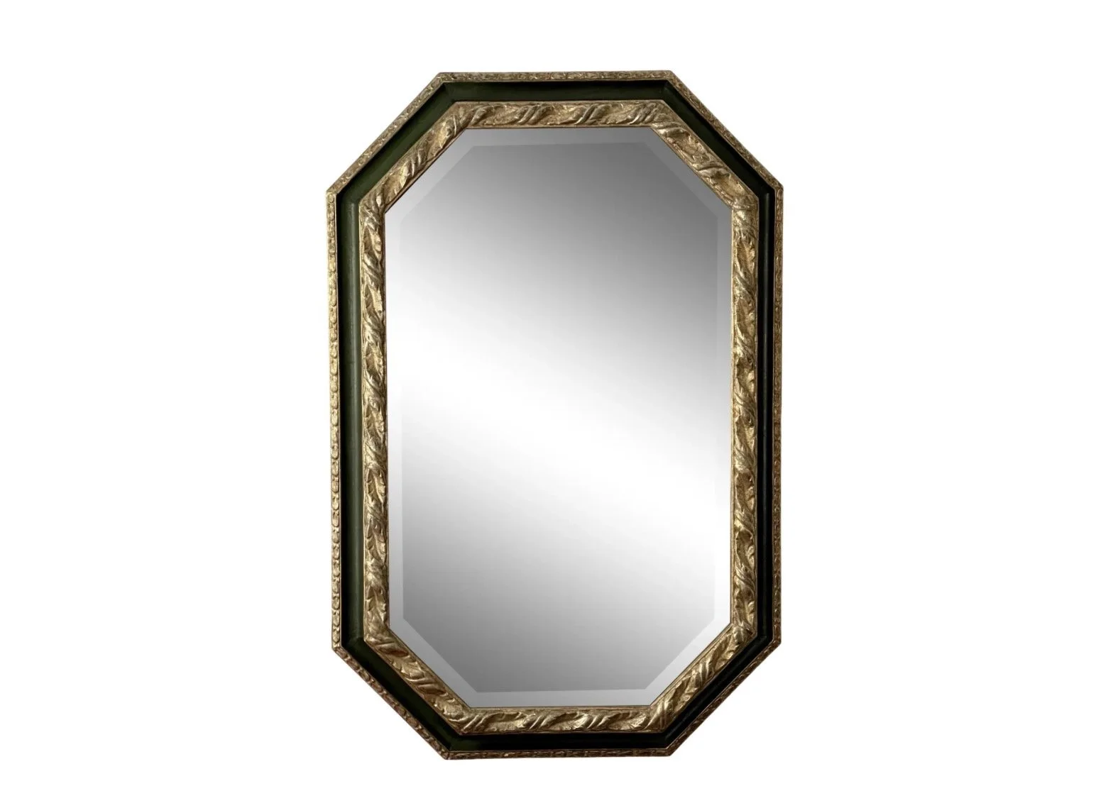 Hand Carved Ebanista White Gold & Dark Green Octagonal Mirror