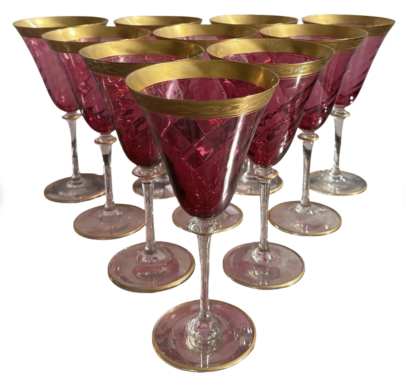 Set of 10 Antique Austrian Cranberry & Gold Encrusted Crystal Wine Stems
