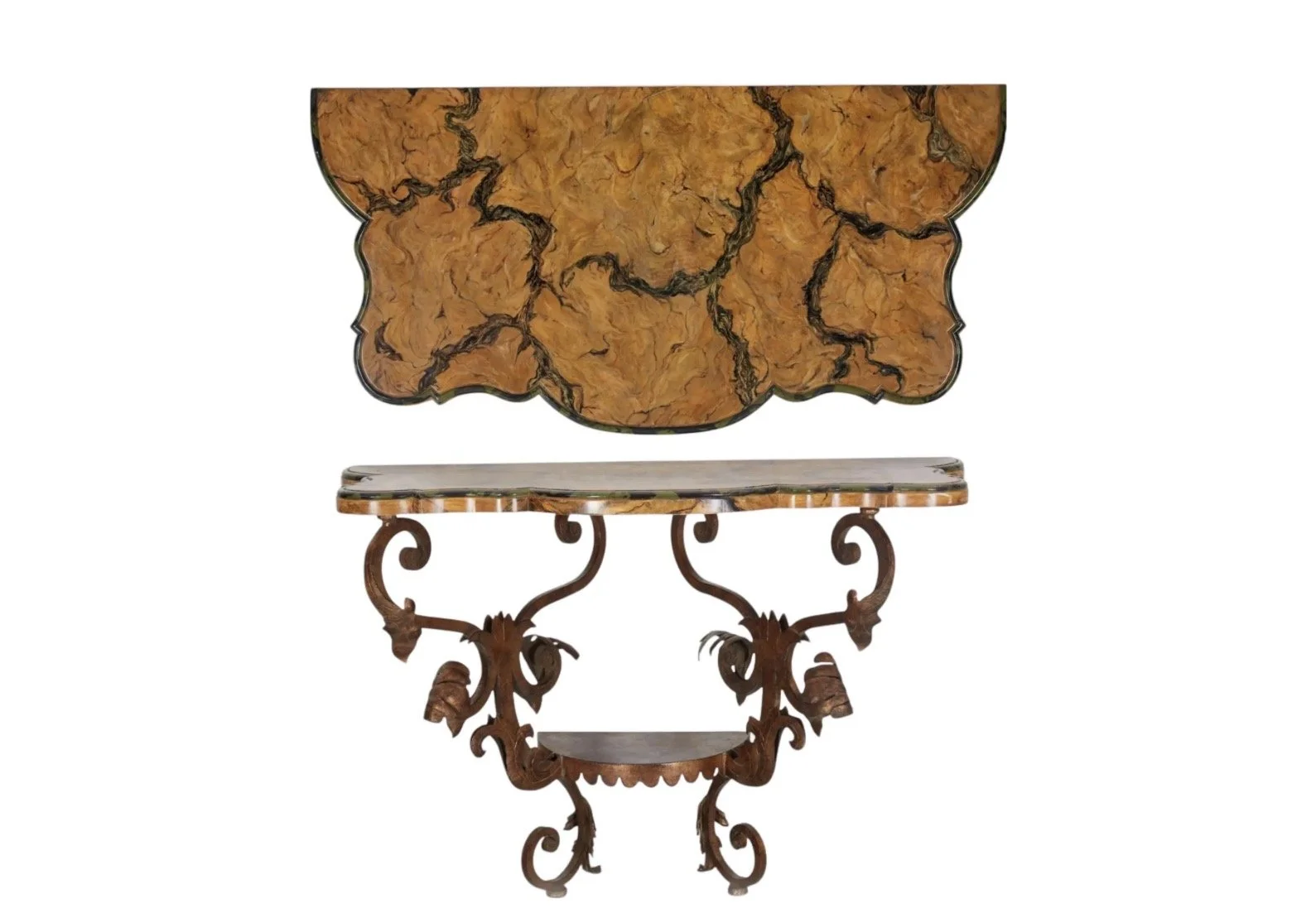 Wrought Iron Console With Faux Bois Trompe-l'Oeil Top