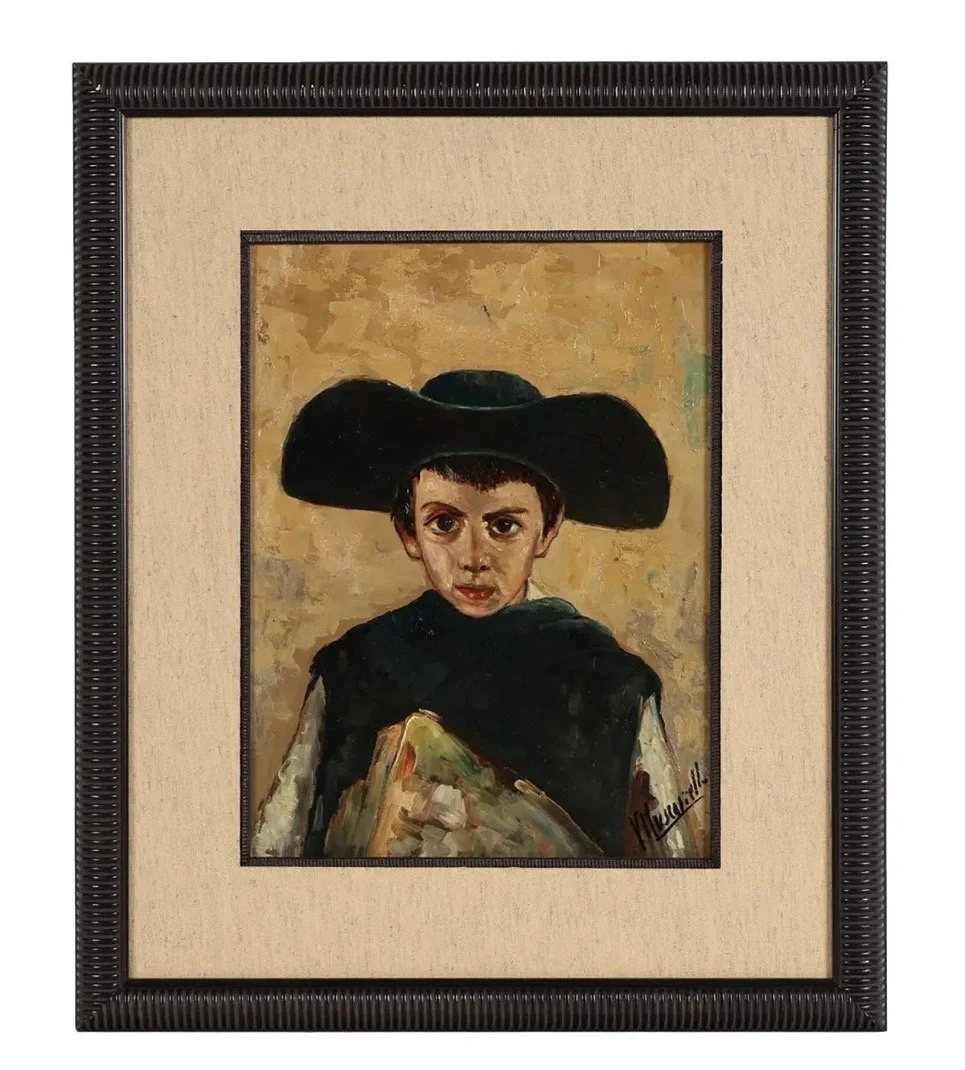 Italian Oil Painting Portrait of Young Boy With Hat