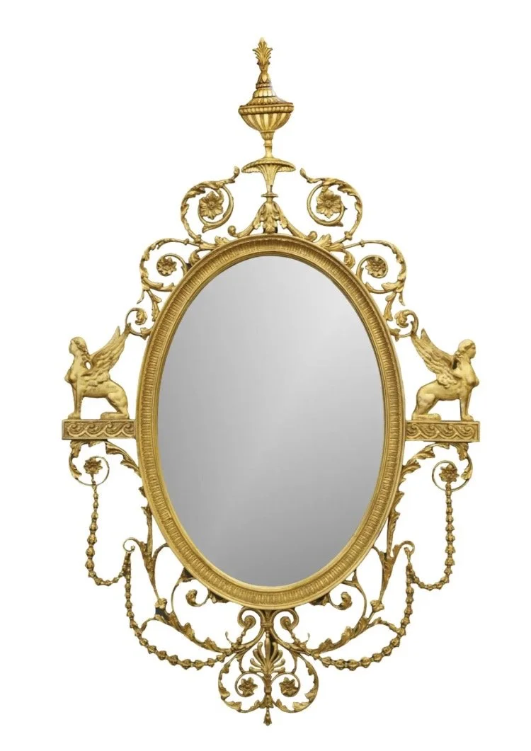 18th C Style Regency Giltwood Oval Wall Mirror W Egyptian Sphinx