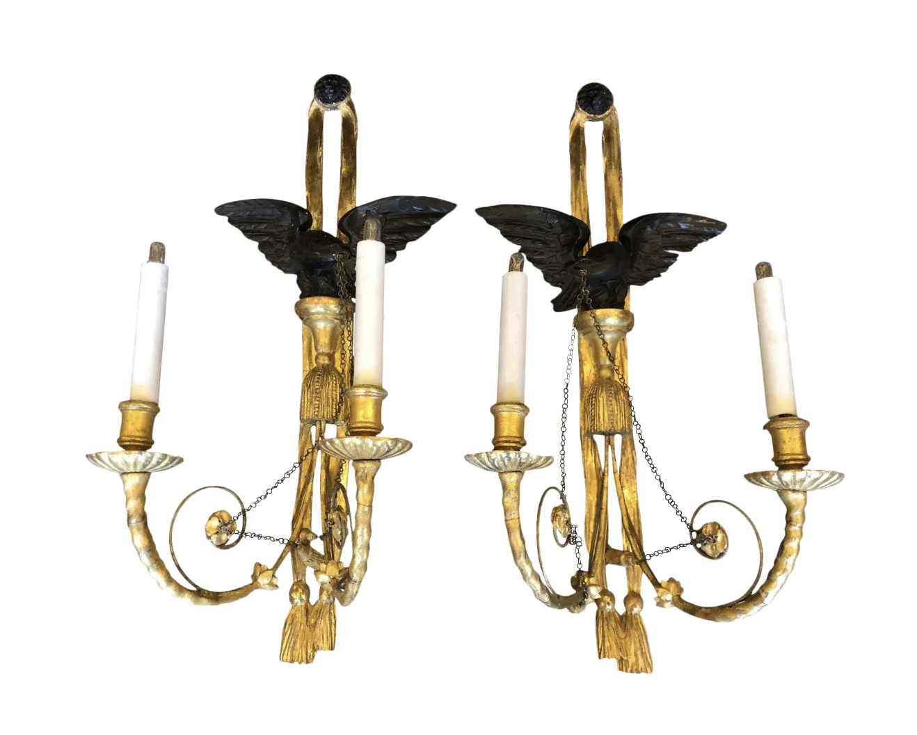 Antique Louis XVI Style Gilt-Wood Wall Sconces W Eagles - a Pair