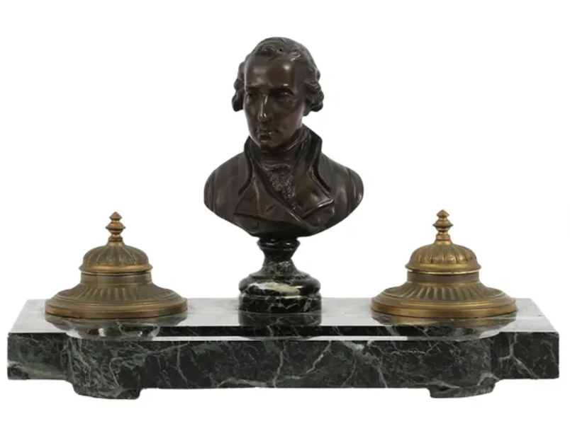 Antique Gilt & Patinated Bronze Bust Inkwell on Verde Antico Marble Stand