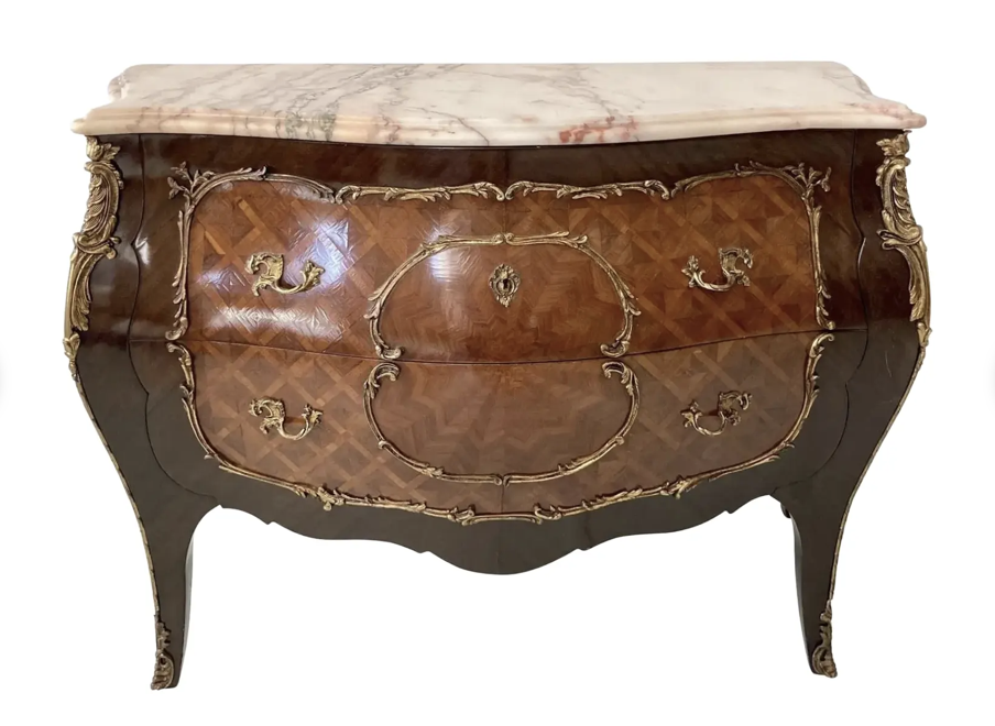 Louis XV Style Marquetry Inlaid Marble Top Commode - Made in Spain 1 of 2