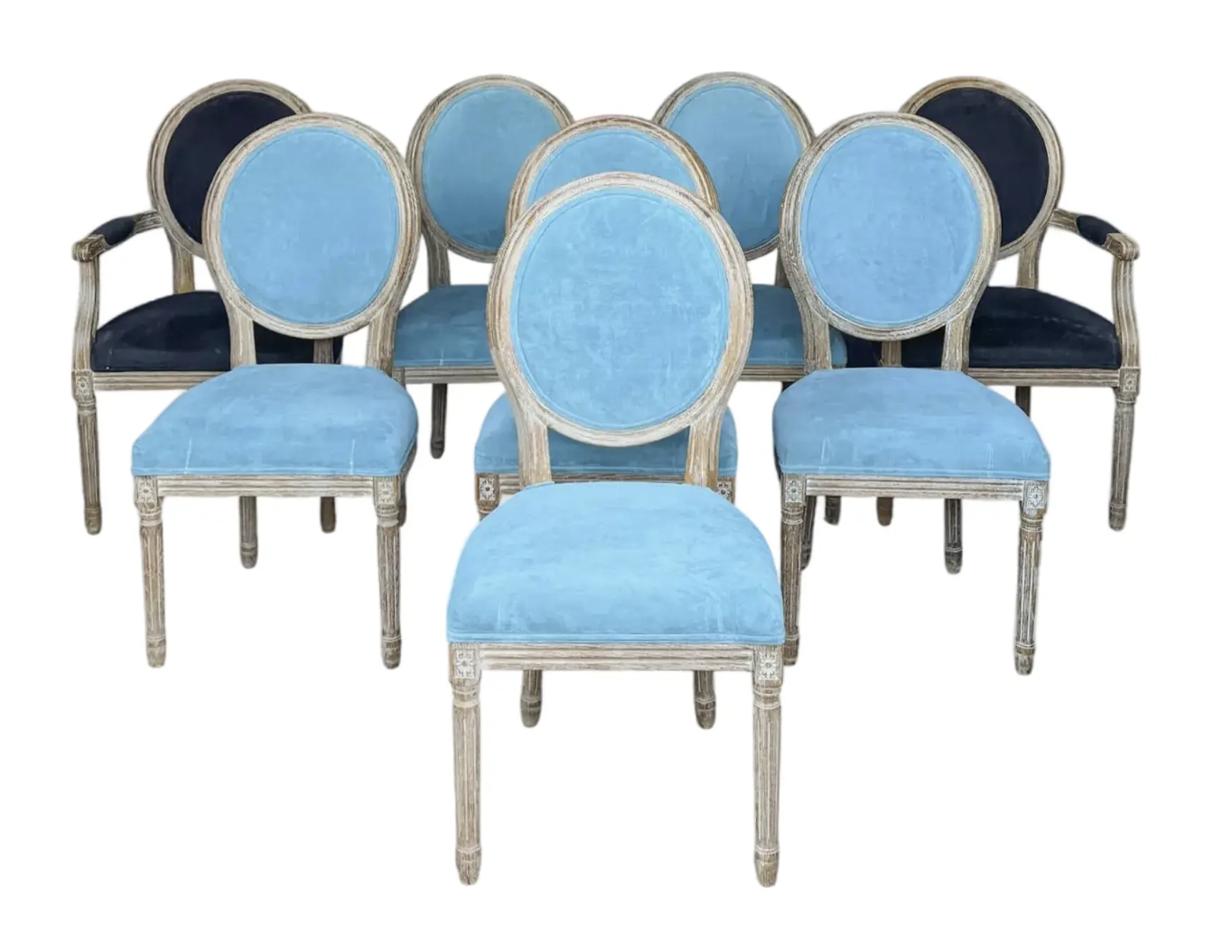 Set of 8 Swedish Louis XVI Style Blue Velvet Upholstered Dining Chairs