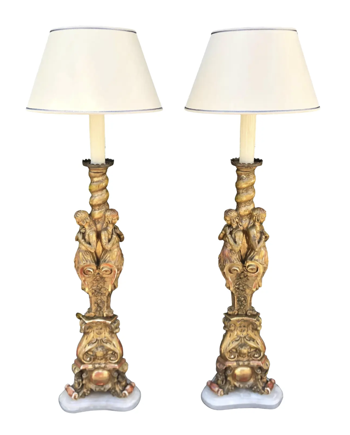 Pair of Antique Early 19th C French Giltwood Figural Cathedral Candlestick Floor Lamps