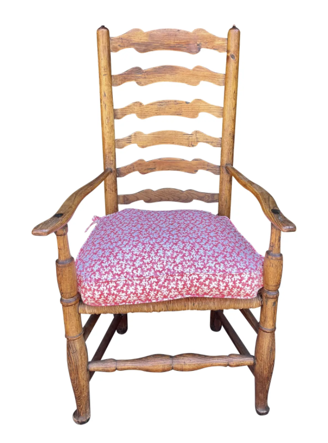 Antique 18th C American Ladder Back Arm Chair - Pink Scalamandre Cushion