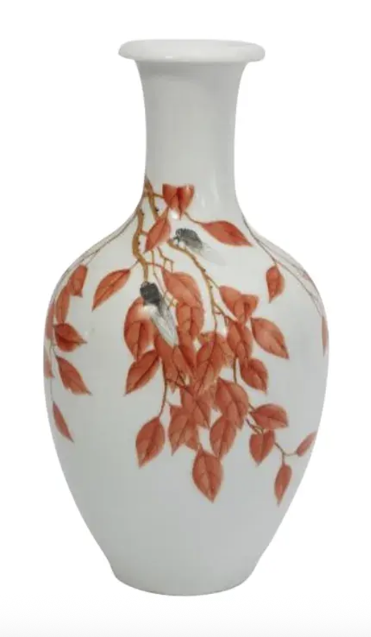 Antique Chinese Porcelain Insect Vase W Red Leaves
