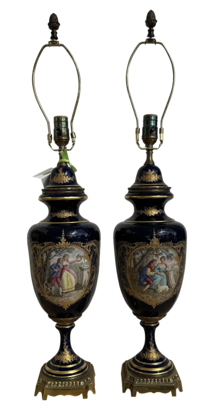 Pair of Antique Cobalt Blue German Porcelain Scenic Table Lamps