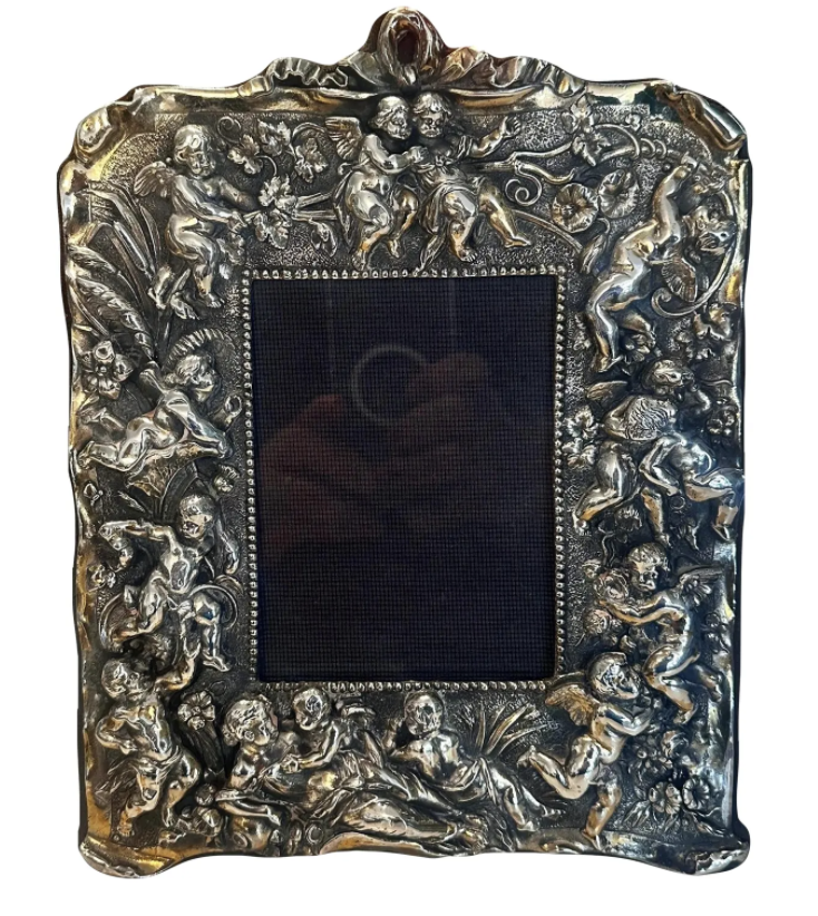Antique 925 Sterling Silver Picture Frame W Putti Relief