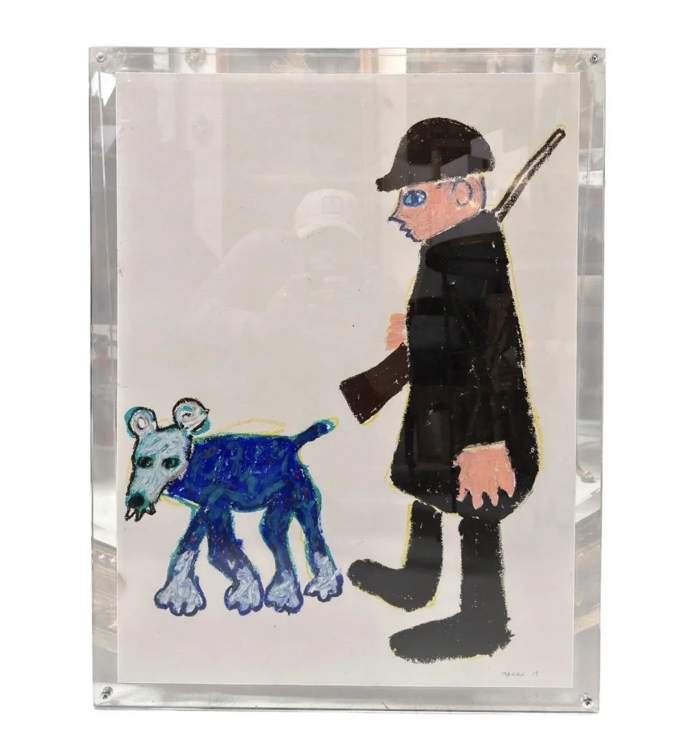 Original Makan Negahban Dog Painting on Paper in Lucite Frame