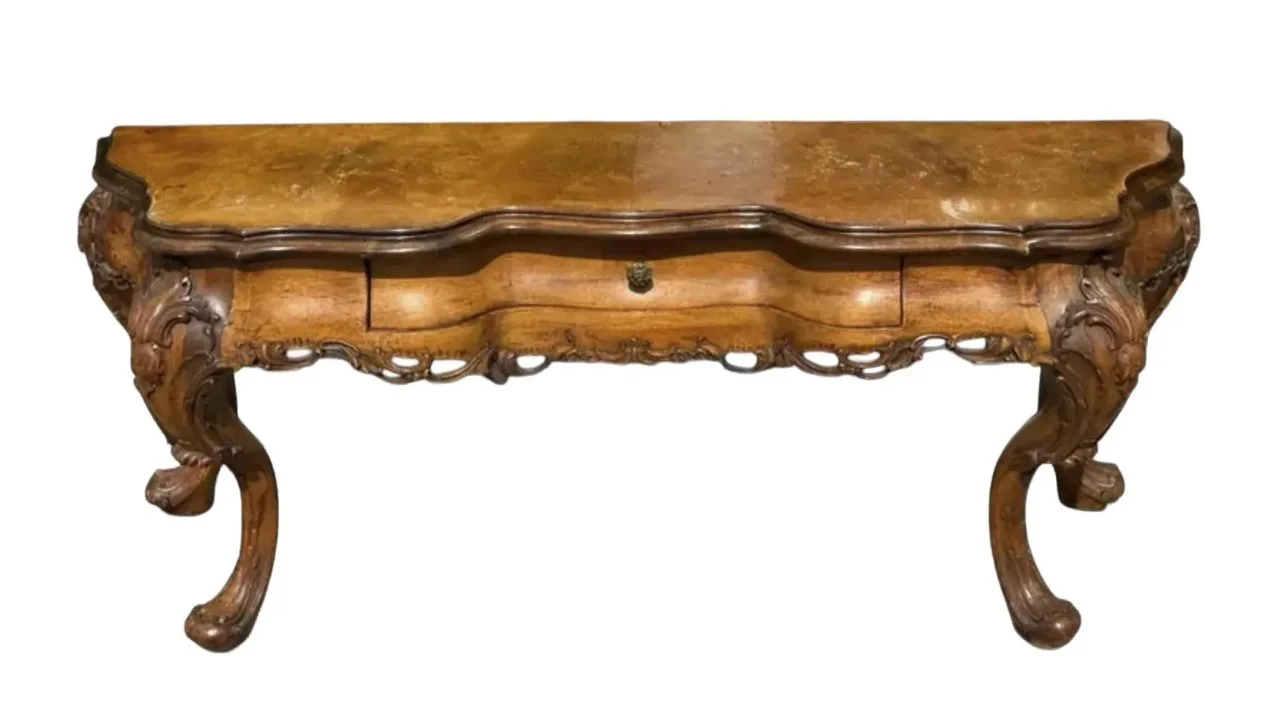 Unusual Antique Italian Fruitwood Low Console Table
