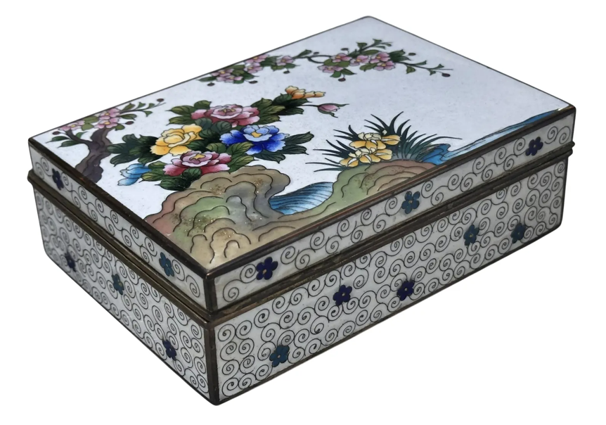 Antique Japanese Meiji Period White Cloisonne Box by Inaba Nanaho