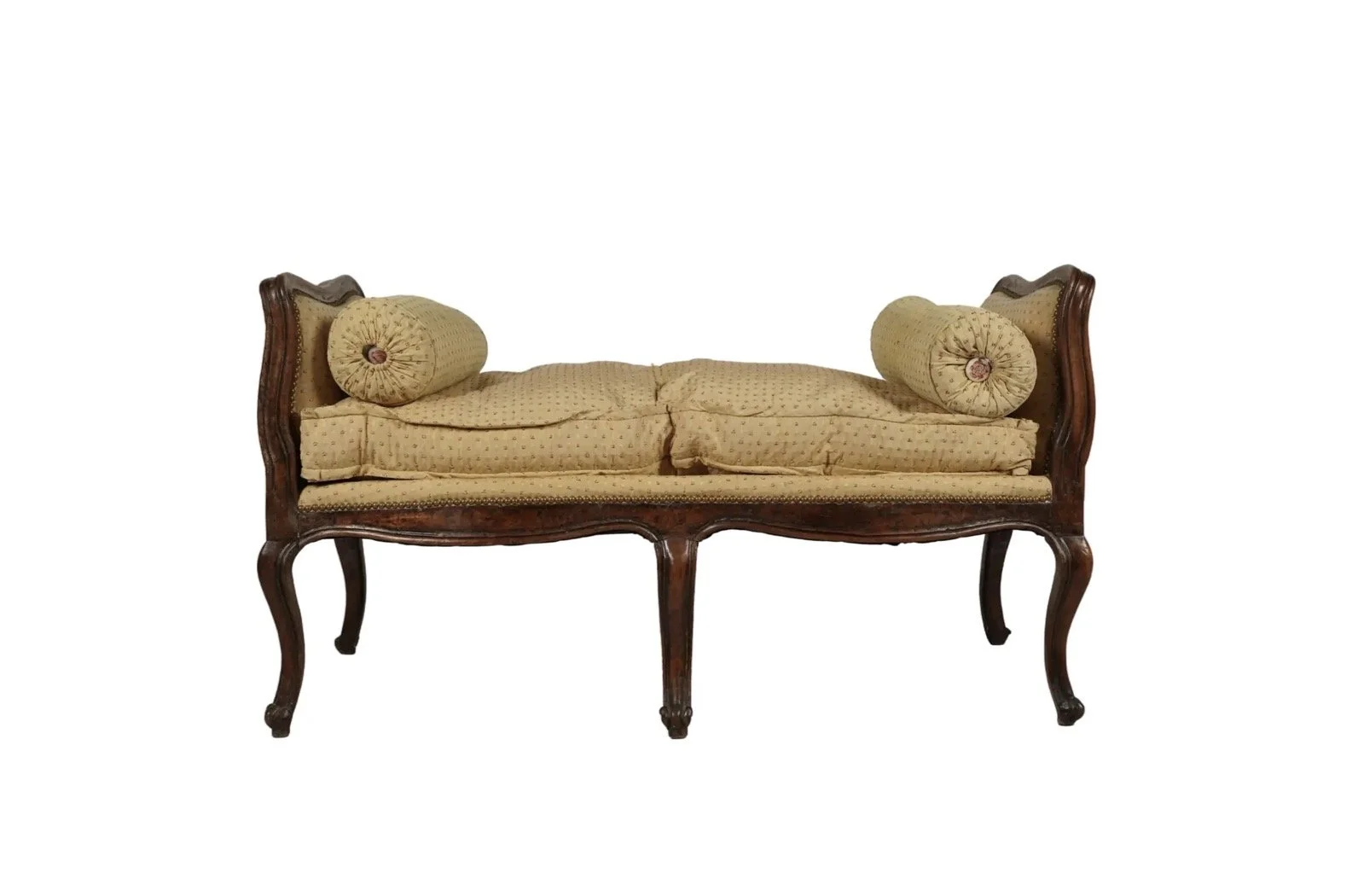 Antique 18c Petite Louis XV Carved Walnut Bench W Down Cushion