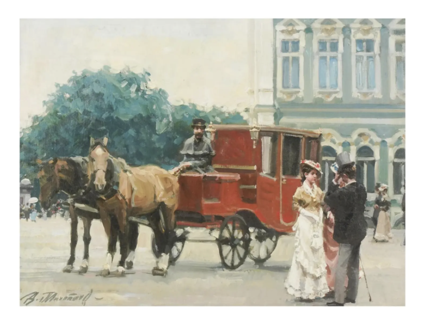 Paris Street Scene Oil Painting of Horse and Carriage