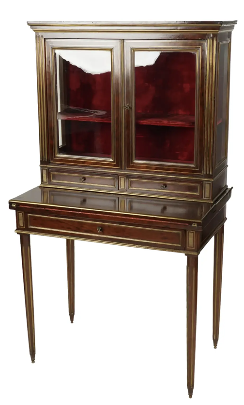 Antique 19c French Mahogany Brass-Inlaid Bonheur Du Jour Petite Secretary Cabinet