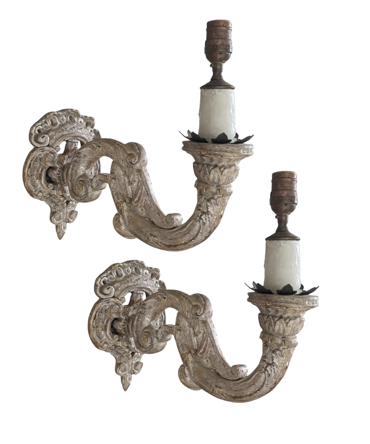 Pair of 18th C Style Louis XV White Gold Giltwood Wall Light Sconces