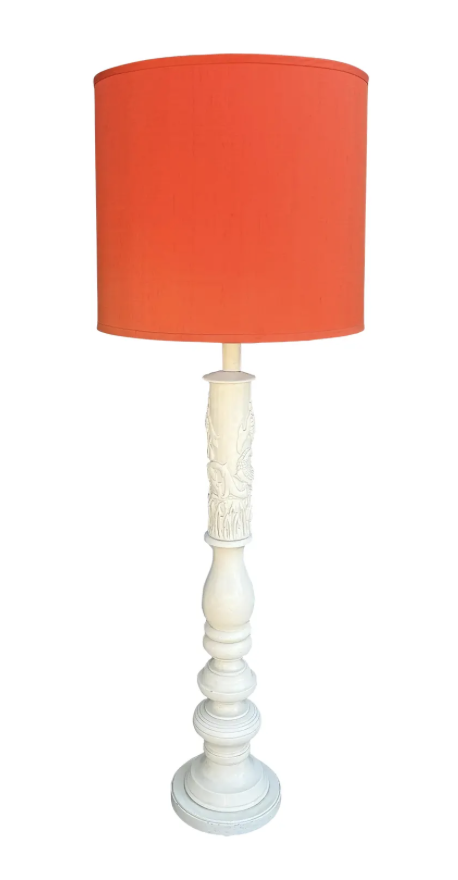 Mid Century Modern Carved Dragon White Lacquer Floor Lamp W Orange Shade