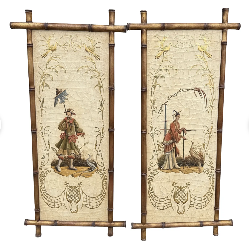 Pair of Signed Gustav Carroll Bamboo Hand Painted Black & Gold Chinoiserie Panels