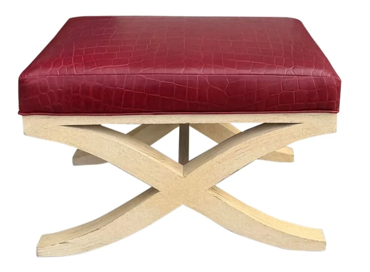 Mid Century Modern Red Crocodile Embossed Leather X Bench Footstool