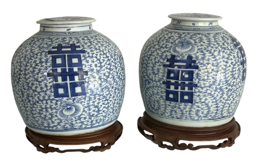 Pair Antique Double Happiness Chinese Blue & White Pottery Ginger Jars