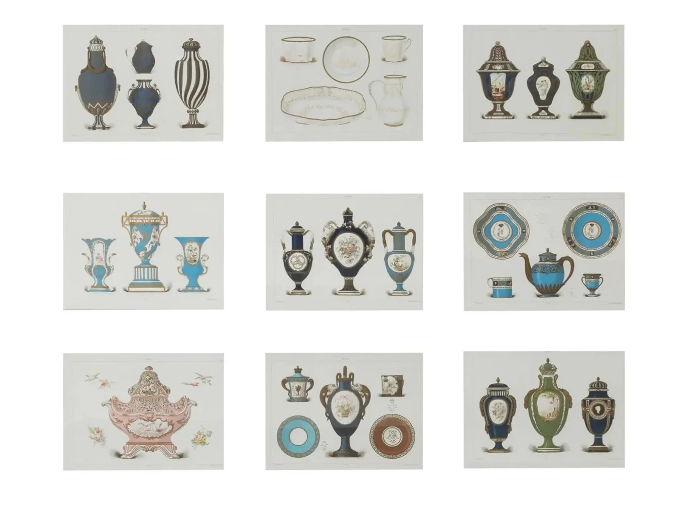 Set of 9 Antique Edouard Garnier Engraving Prints of Sevres Porcelain