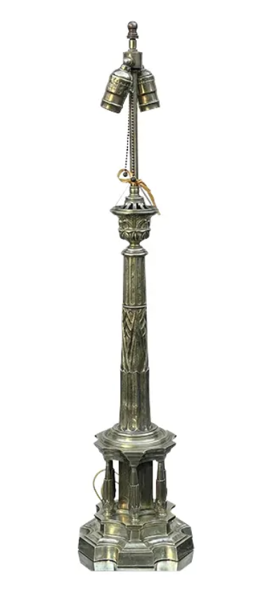 Antique Early 19th C Empire Bronze Column Table Lamp